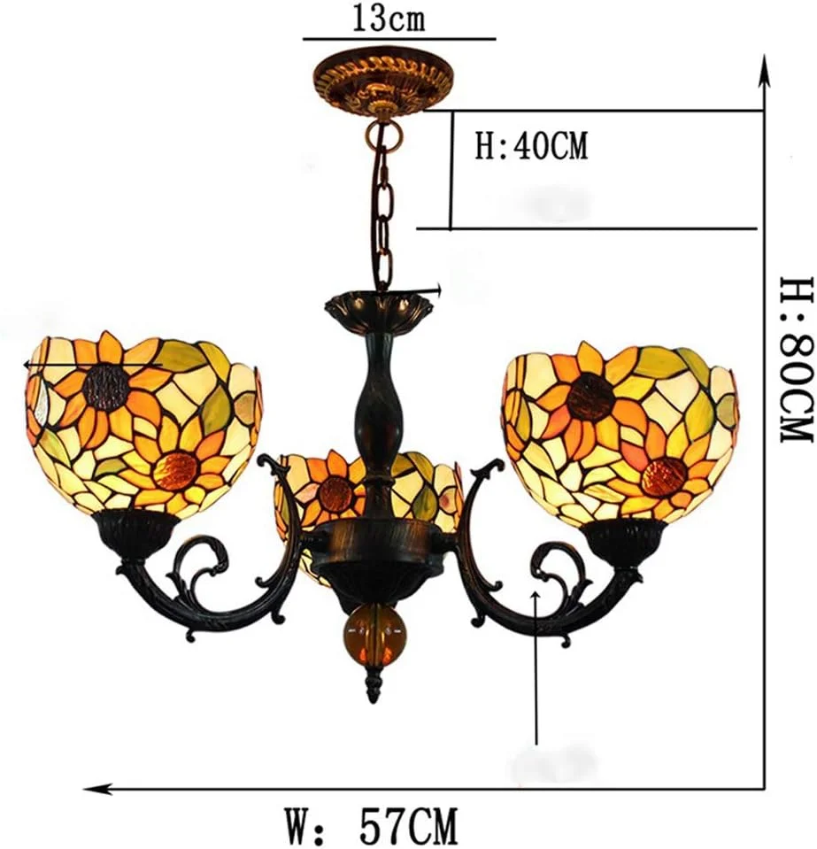 لوستر آویز طرح آفتابگردان زرد، شیشه رنگی، سبک تیفانی، با 3/5 شعله و نورپردازی بالا، مناسب اتاق نشیمن، اتاق خواب، هتل، رستوران، 3 شعله
