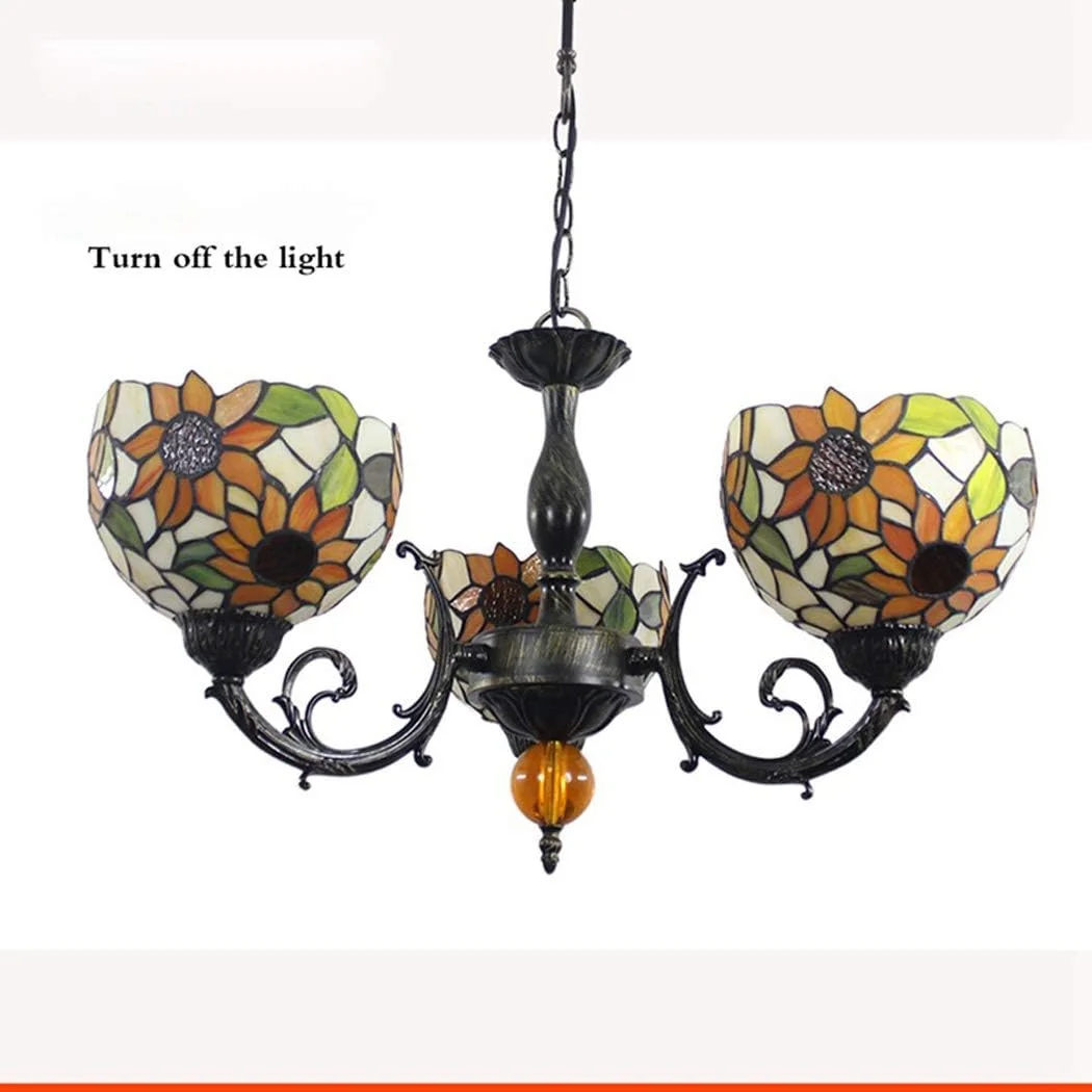 لوستر آویز طرح آفتابگردان زرد، شیشه رنگی، سبک تیفانی، با 3/5 شعله و نورپردازی بالا، مناسب اتاق نشیمن، اتاق خواب، هتل، رستوران، 3 شعله