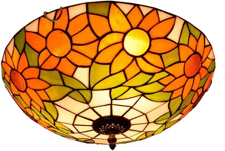 چراغ سقفی شیشه رنگی 12 اینچی طرح آفتابگردان تیفانی، مناسب برای اتاق خواب، رستوران، کافه