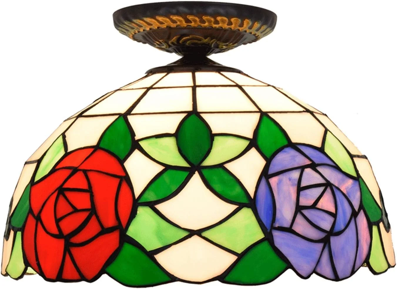 چراغ سقفی شیشه رنگی 12 اینچی، چراغ های شیشه ای به سبک تیفانی با سایه گل رز بنفش قرمز برای لامپ اتاق نشیمن