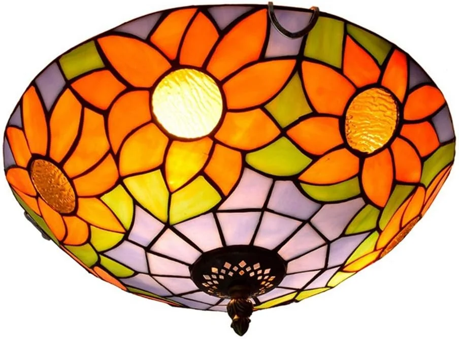 چراغ سقفی شیشه رنگی 30 سانتی متری، لامپ شیشه ای تیفانی طرح آفتابگردان، روشنایی آبی مدیترانه ای، مناسب برای اتاق خواب، رستوران، کافه