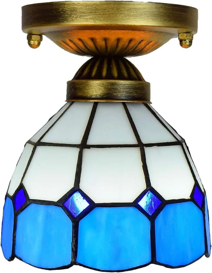 چراغ سقفی شیشه رنگی 6 اینچی تیفانی راهرو مدیترانه ای آبی سفید راهرو بالکن کوچک