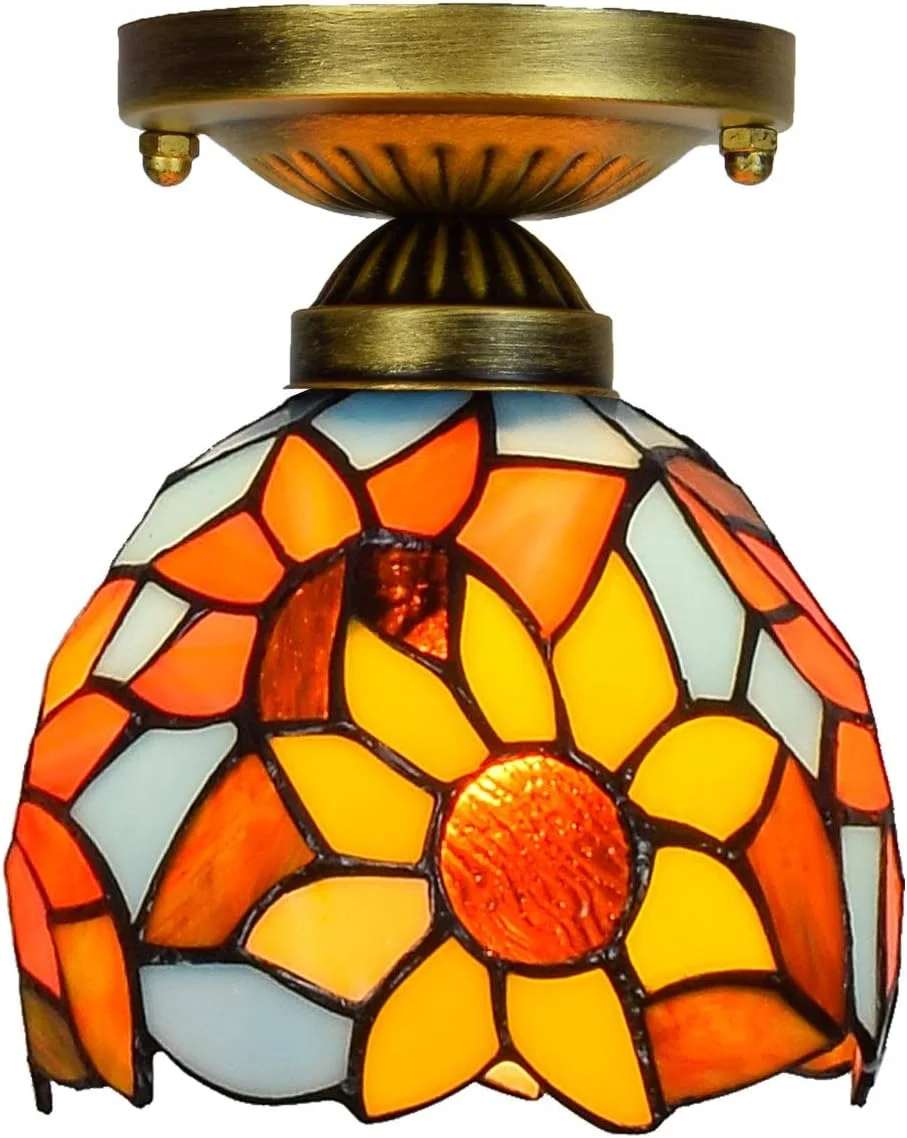 چراغ سقفی شیشه رنگی 6 اینچی، راهرو راهرو تیفانی، بالکن، فانوس گل آفتابگردان آبی، چراغ کوچک