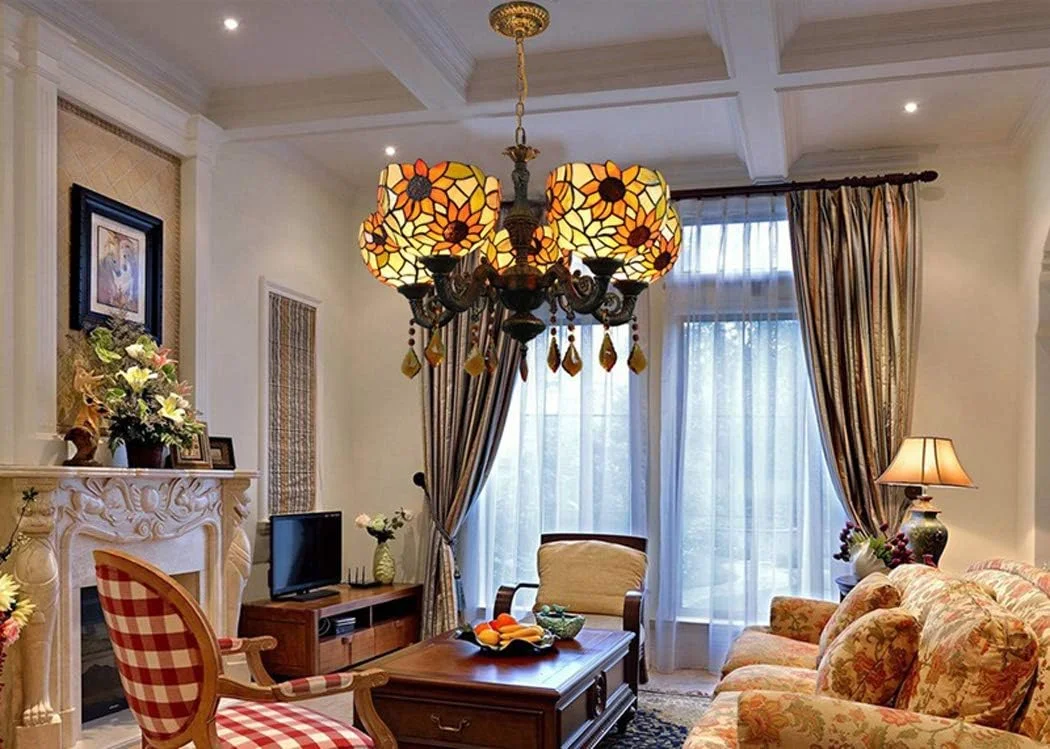 لوستر آویز 3/5 شعله طرح آفتابگردان، شیشه رنگی، سبک تیفانی، با نورپردازی بالا، مناسب اتاق نشیمن، اتاق خواب، هتل و رستوران