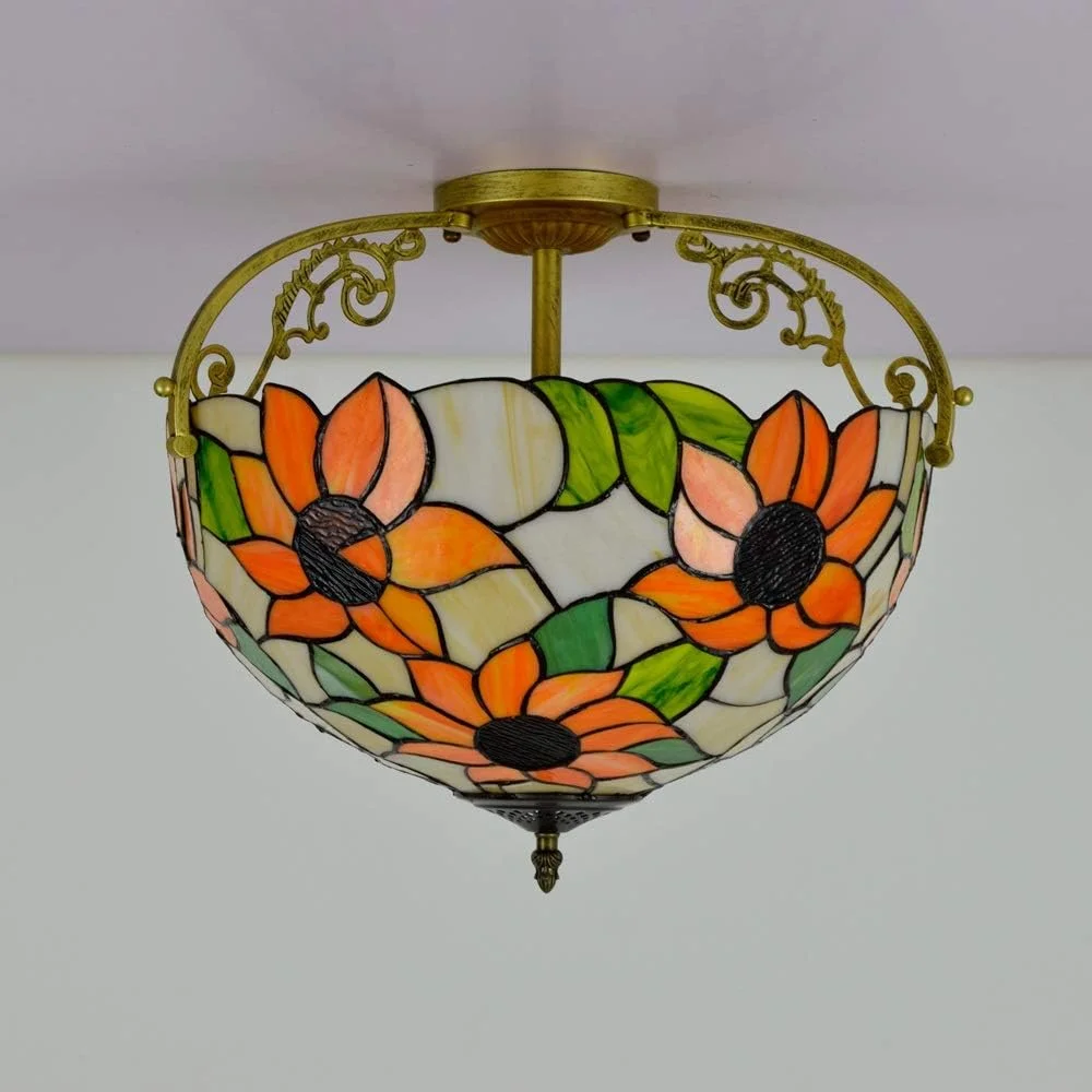 چراغ سقفی شیشه رنگی 16 اینچی نیمه روشن تیفانی، طرح گل آفتابگردان زرد، سبک روستایی برای اتاق نشیمن، راهرو، اتاق خواب چراغ سقفی شیشه رنگی 16 اینچی نیمه روشن تیفانی، طرح گل آفتابگردان زرد، سبک روستایی برای اتاق نشیمن، راهرو، اتاق خواب