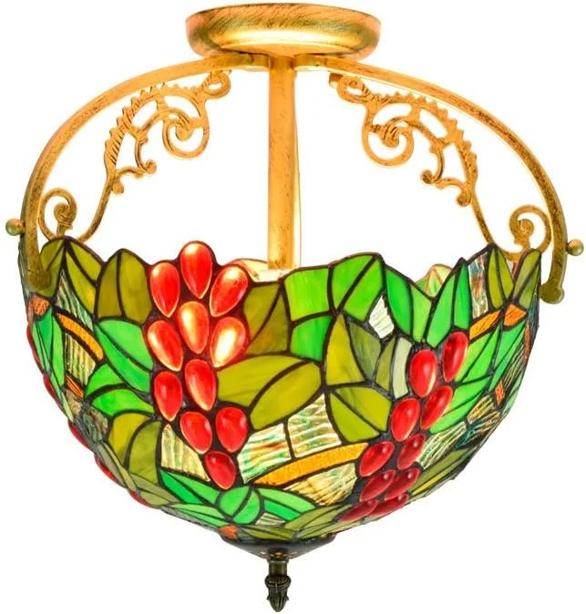 چراغ سقفی شیشه رنگی 12 اینچی نیمه چراغ تیفانی طرح برگ سبز و میوه قرمز مناسب اتاق نشیمن و راهرو