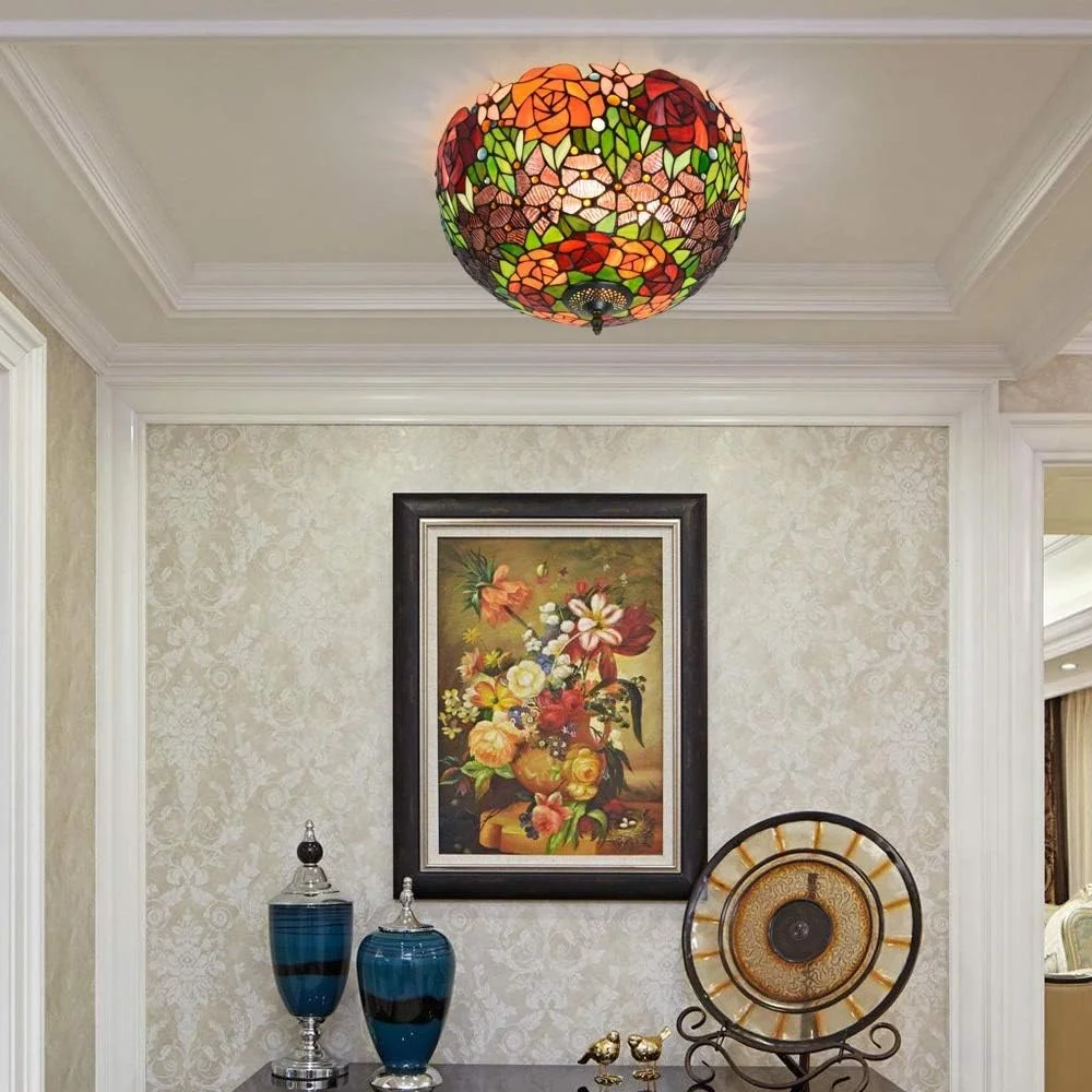 چراغ سقفی شیشه رنگی 40 سانتیمتری به سبک تیفانی، لوستر گل رز مشکی، چراغها و فانوسهای داخلی برای راهرو اتاق خواب، بالکن، آشپزخانه چراغ سقفی شیشه رنگی 40 سانتیمتری به سبک تیفانی، لوستر گل رز مشکی، چراغها و فانوسهای داخلی برای راهرو اتاق خواب، بالکن، آشپزخانه
