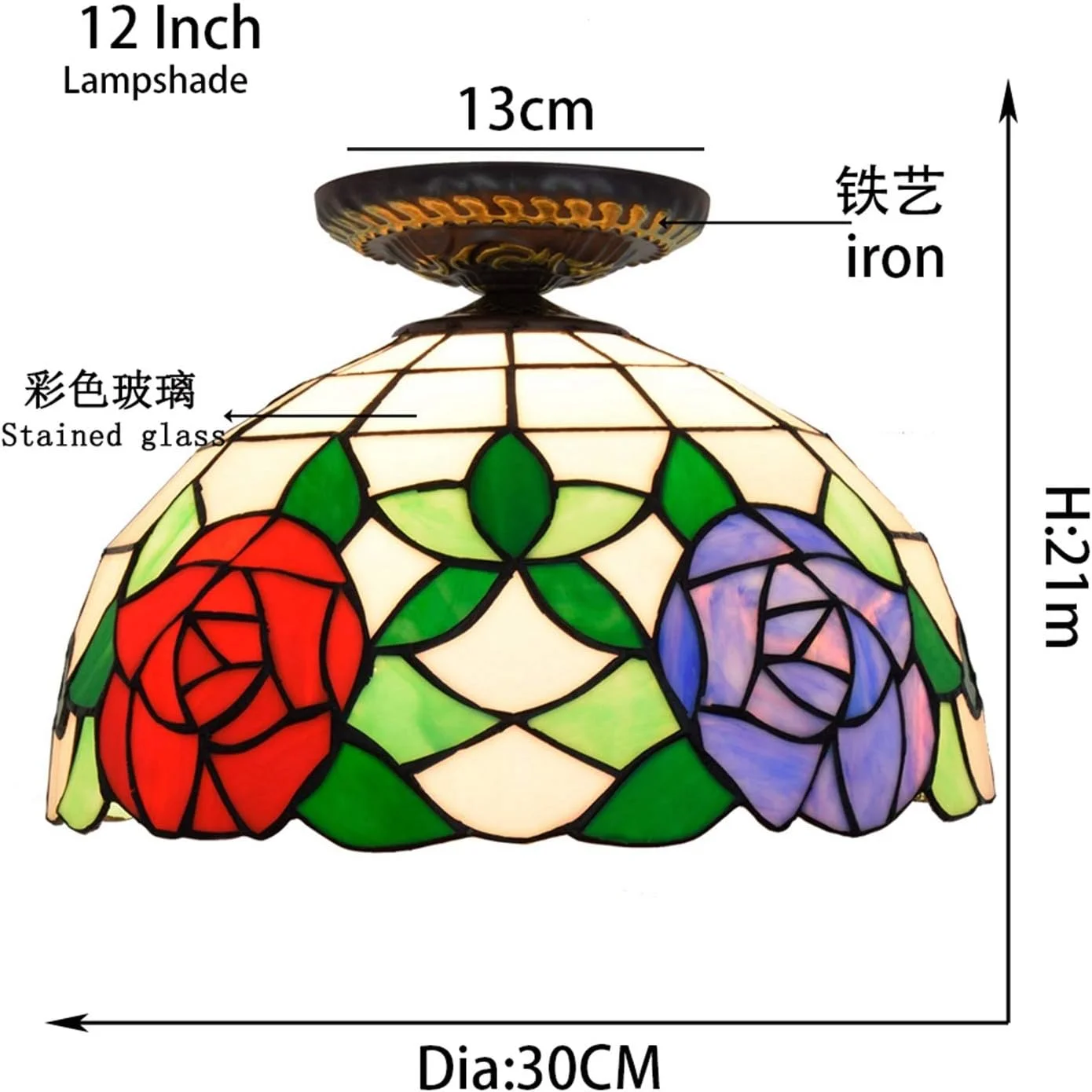 چراغ سقفی شیشه رنگی 12 اینچی، چراغ های شیشه ای به سبک تیفانی با سایه گل رز بنفش قرمز برای لامپ اتاق نشیمن چراغ سقفی شیشه رنگی 12 اینچی، چراغ های شیشه ای به سبک تیفانی با سایه گل رز بنفش قرمز برای لامپ اتاق نشیمن