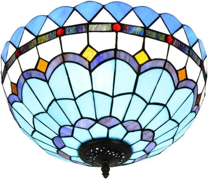 چراغ سقفی شیشه رنگی 40 سانتی متری به سبک تیفانی، چراغ شیشه ای آبی مدیترانه ای، چراغ های داخلی و فانوس برای راهرو اتاق خواب، بالکن، آشپزخانه