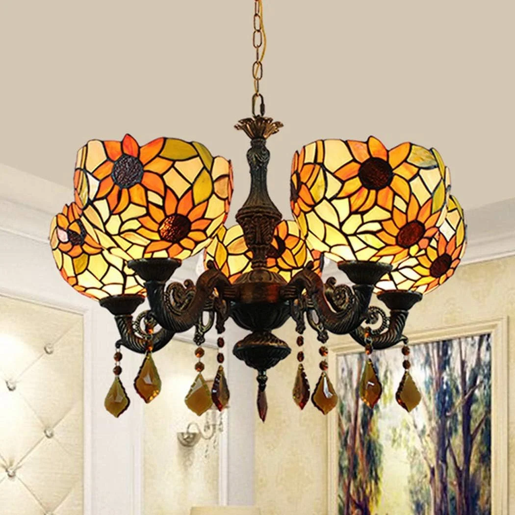 لوستر آویز 3/5 شعله طرح آفتابگردان، شیشه رنگی، سبک تیفانی، با نورپردازی بالا، مناسب اتاق نشیمن، اتاق خواب، هتل و رستوران