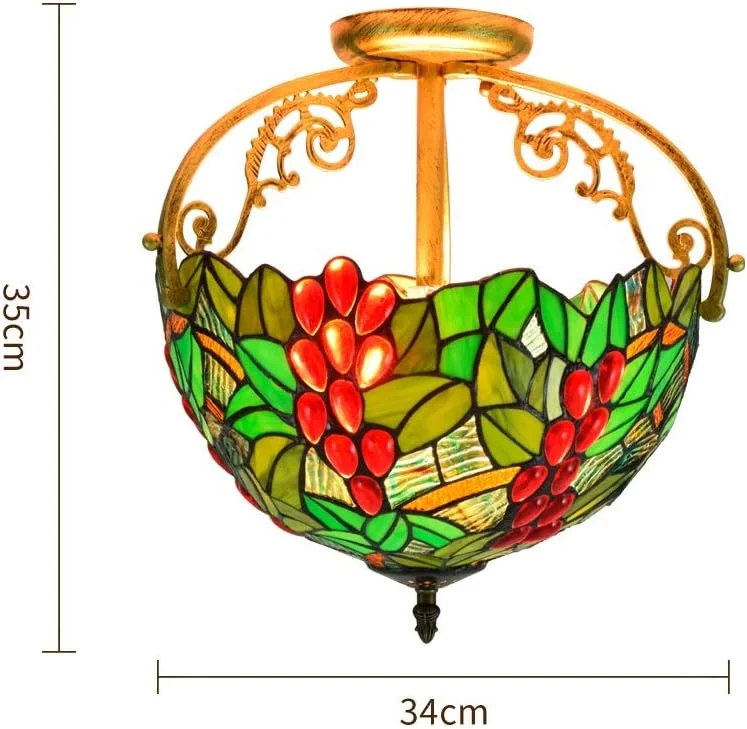 چراغ سقفی شیشه رنگی 12 اینچی نیمه چراغ تیفانی طرح برگ سبز و میوه قرمز مناسب اتاق نشیمن و راهرو چراغ سقفی شیشه رنگی 12 اینچی نیمه چراغ تیفانی طرح برگ سبز و میوه قرمز مناسب اتاق نشیمن و راهرو
