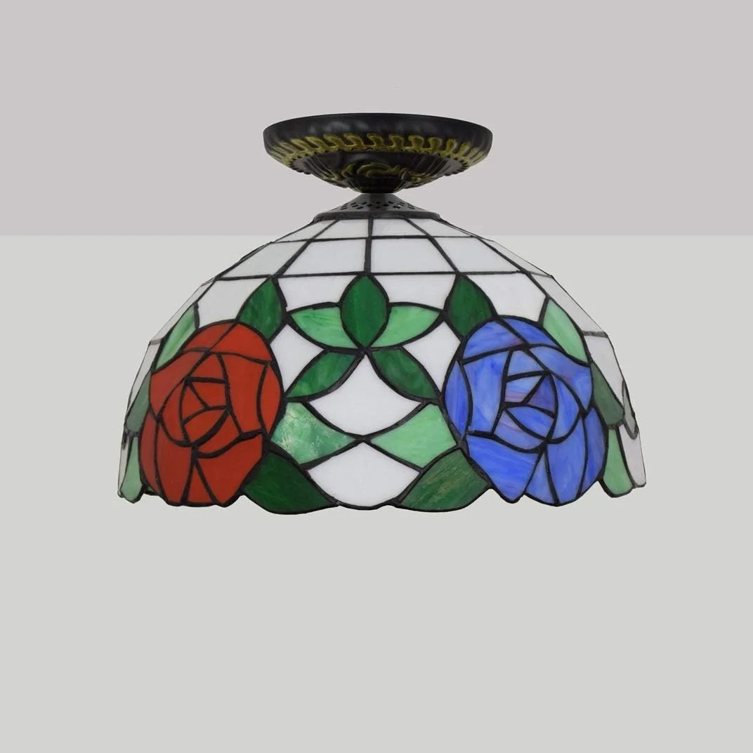 چراغ سقفی شیشه رنگی 12 اینچی، چراغ های شیشه ای به سبک تیفانی با سایه گل رز بنفش قرمز برای لامپ اتاق نشیمن چراغ سقفی شیشه رنگی 12 اینچی، چراغ های شیشه ای به سبک تیفانی با سایه گل رز بنفش قرمز برای لامپ اتاق نشیمن