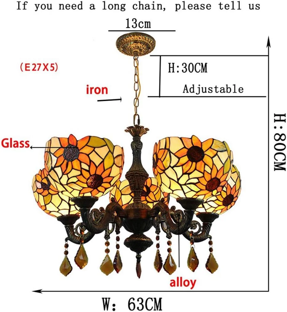 لوستر آویز 3/5 شعله طرح آفتابگردان، شیشه رنگی، سبک تیفانی، با نورپردازی بالا، مناسب اتاق نشیمن، اتاق خواب، هتل و رستوران