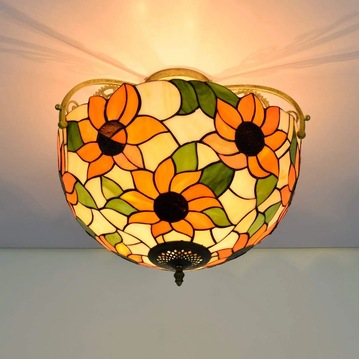 چراغ سقفی شیشه رنگی 16 اینچی نیمه روشن تیفانی، طرح گل آفتابگردان زرد، سبک روستایی برای اتاق نشیمن، راهرو، اتاق خواب چراغ سقفی شیشه رنگی 16 اینچی نیمه روشن تیفانی، طرح گل آفتابگردان زرد، سبک روستایی برای اتاق نشیمن، راهرو، اتاق خواب