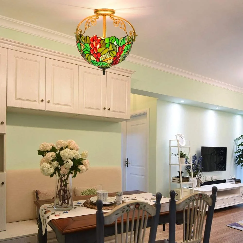 چراغ سقفی شیشه رنگی 12 اینچی نیمه چراغ تیفانی طرح برگ سبز و میوه قرمز مناسب اتاق نشیمن و راهرو چراغ سقفی شیشه رنگی 12 اینچی نیمه چراغ تیفانی طرح برگ سبز و میوه قرمز مناسب اتاق نشیمن و راهرو
