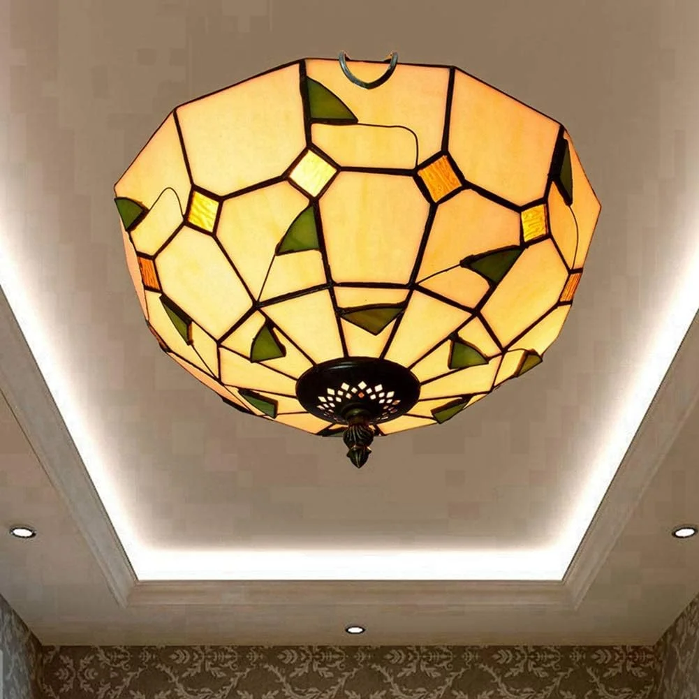 چراغ سقفی شیشه رنگی 12 اینچ، لامپ شیشه ای تیفانی با طرح برگ های گرم، مناسب برای اتاق خواب، رستوران و کافه