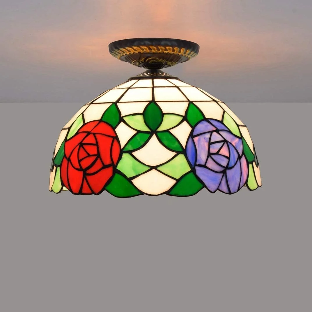 چراغ سقفی شیشه رنگی 12 اینچی، چراغ های شیشه ای به سبک تیفانی با سایه گل رز بنفش قرمز برای لامپ اتاق نشیمن چراغ سقفی شیشه رنگی 12 اینچی، چراغ های شیشه ای به سبک تیفانی با سایه گل رز بنفش قرمز برای لامپ اتاق نشیمن