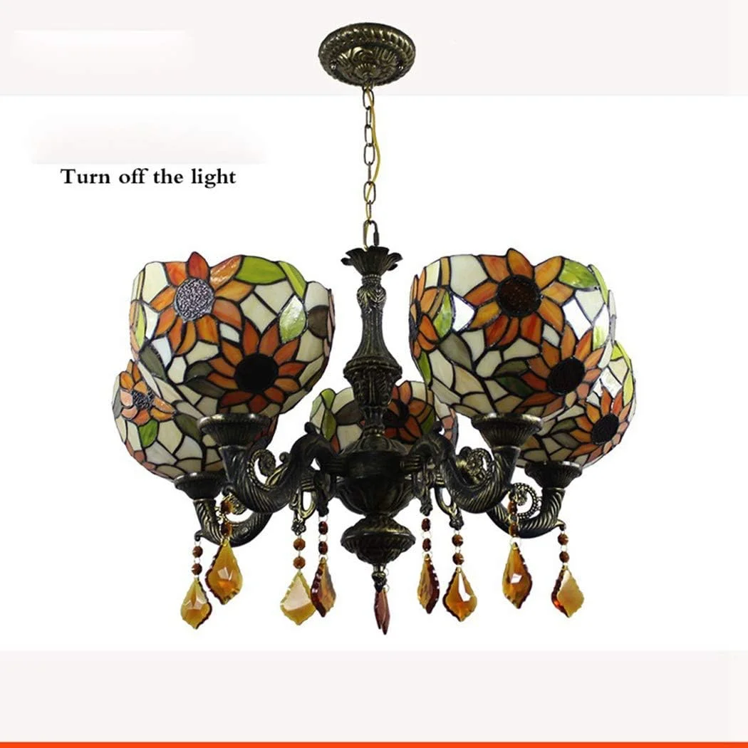 لوستر آویز 3/5 شعله طرح آفتابگردان، شیشه رنگی، سبک تیفانی، با نورپردازی بالا، مناسب اتاق نشیمن، اتاق خواب، هتل و رستوران