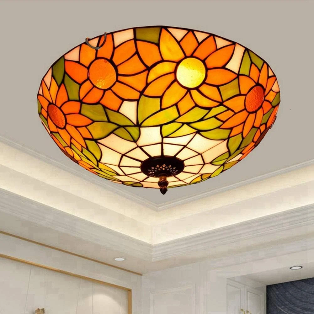 چراغ سقفی شیشه رنگی 12 اینچی طرح آفتابگردان تیفانی، مناسب برای اتاق خواب، رستوران، کافه چراغ سقفی شیشه رنگی 12 اینچی طرح آفتابگردان تیفانی، مناسب برای اتاق خواب، رستوران، کافه