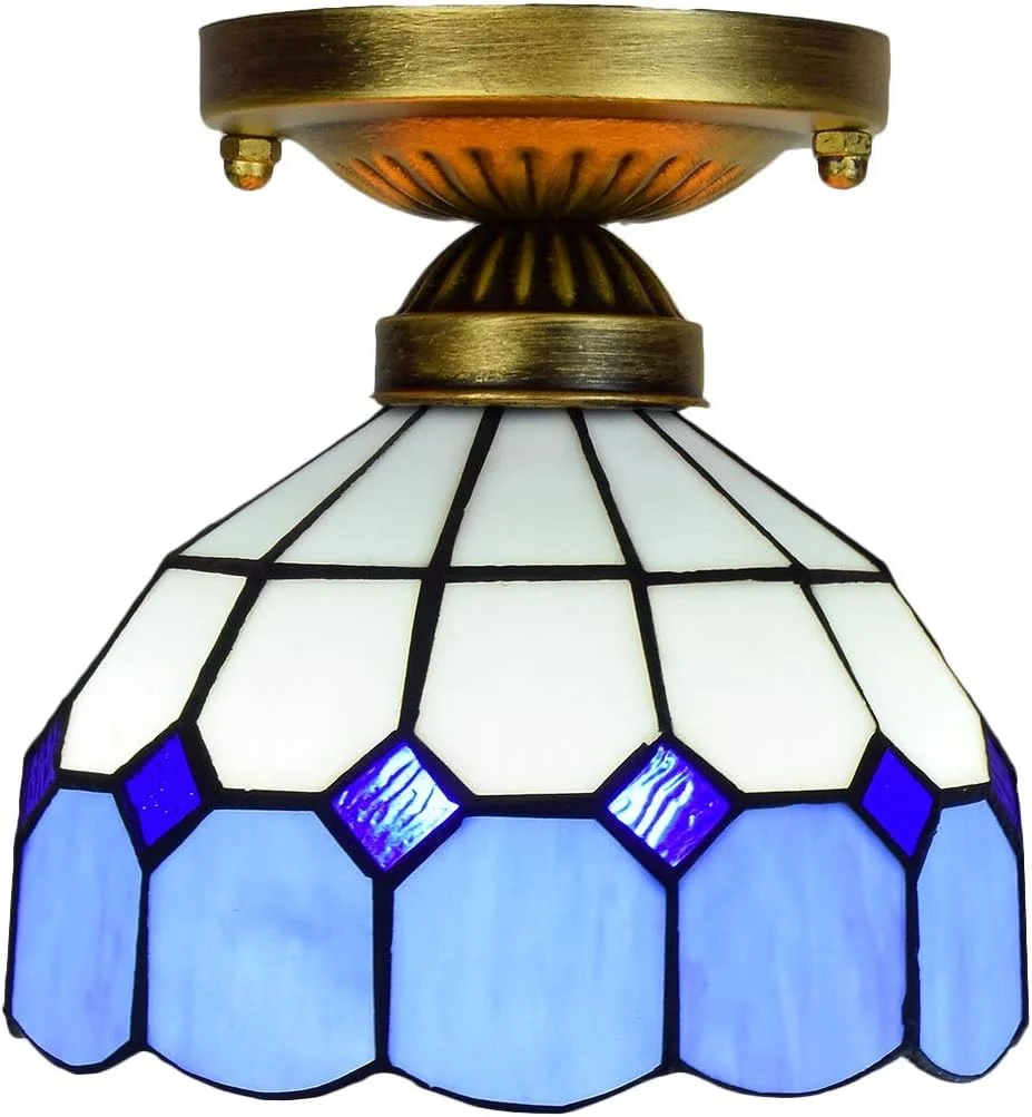 چراغ سقفی شیشه رنگی 8 اینچی تیفانی، راهرو، بالکن، مدیترانه ای آبی و سفید، شبکه ای، چراغ کوچک چراغ سقفی شیشه رنگی 8 اینچی تیفانی، راهرو، بالکن، مدیترانه ای آبی و سفید، شبکه ای، چراغ کوچک
