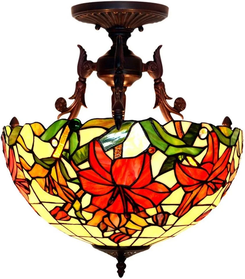 چراغ سقفی شیشه رنگی 16 اینچی طرح لیلی، چراغ خواب گرم، لوستر هنری تیفانی مناسب اتاق نشیمن