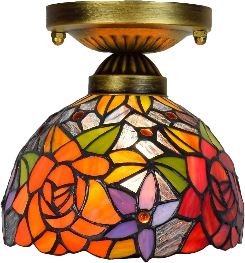 چراغ سقفی شیشه رنگی 8 اینچی تیفانی، راهرو، بالکن، فانوس گل رز قرمز، چراغ کوچک