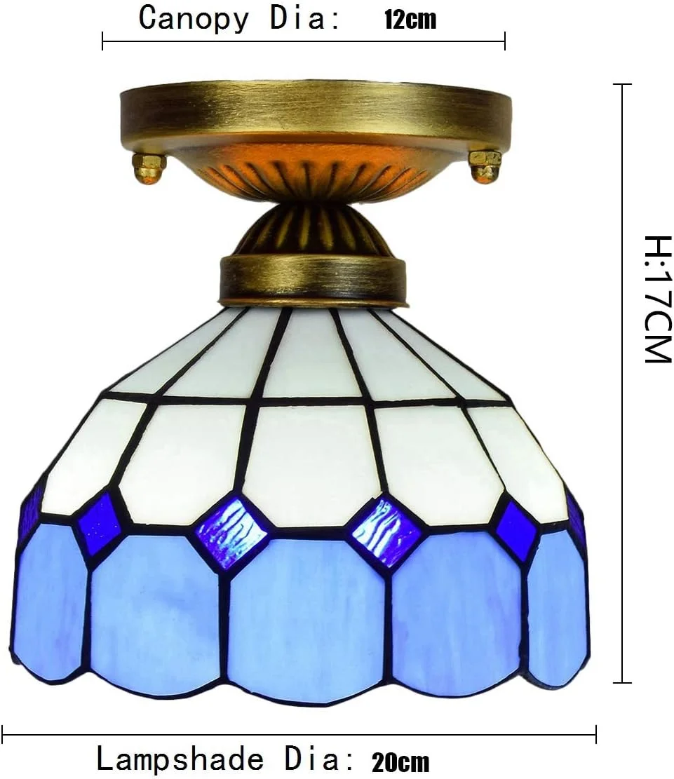 چراغ سقفی شیشه رنگی 8 اینچی تیفانی، راهرو، بالکن، مدیترانه ای آبی و سفید، شبکه ای، چراغ کوچک چراغ سقفی شیشه رنگی 8 اینچی تیفانی، راهرو، بالکن، مدیترانه ای آبی و سفید، شبکه ای، چراغ کوچک