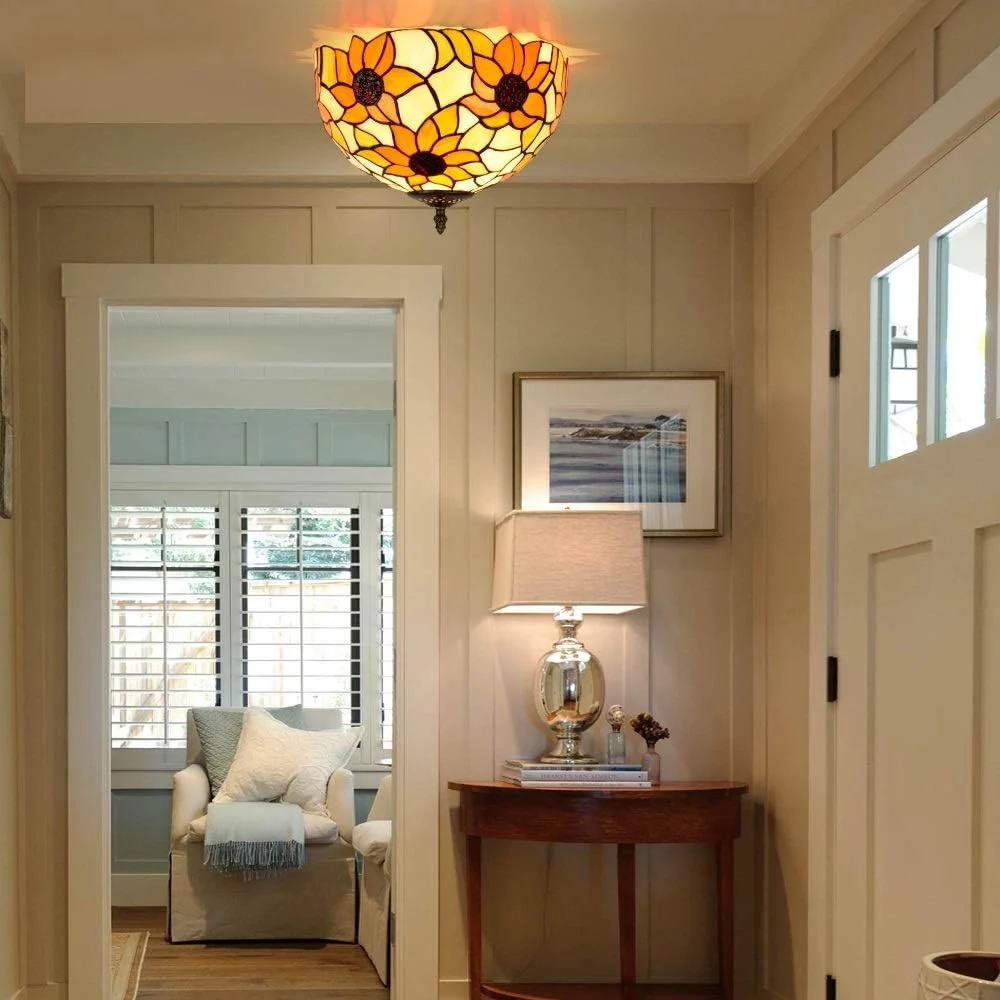 چراغ سقفی شیشه رنگی طرح آفتابگردان نارنجی به سبک تیفانی، 30 سانتی متر، چراغ راهروی بالکن باغ زرد کلاسیک آمریکایی چراغ سقفی شیشه رنگی طرح آفتابگردان نارنجی به سبک تیفانی، 30 سانتی متر، چراغ راهروی بالکن باغ زرد کلاسیک آمریکایی