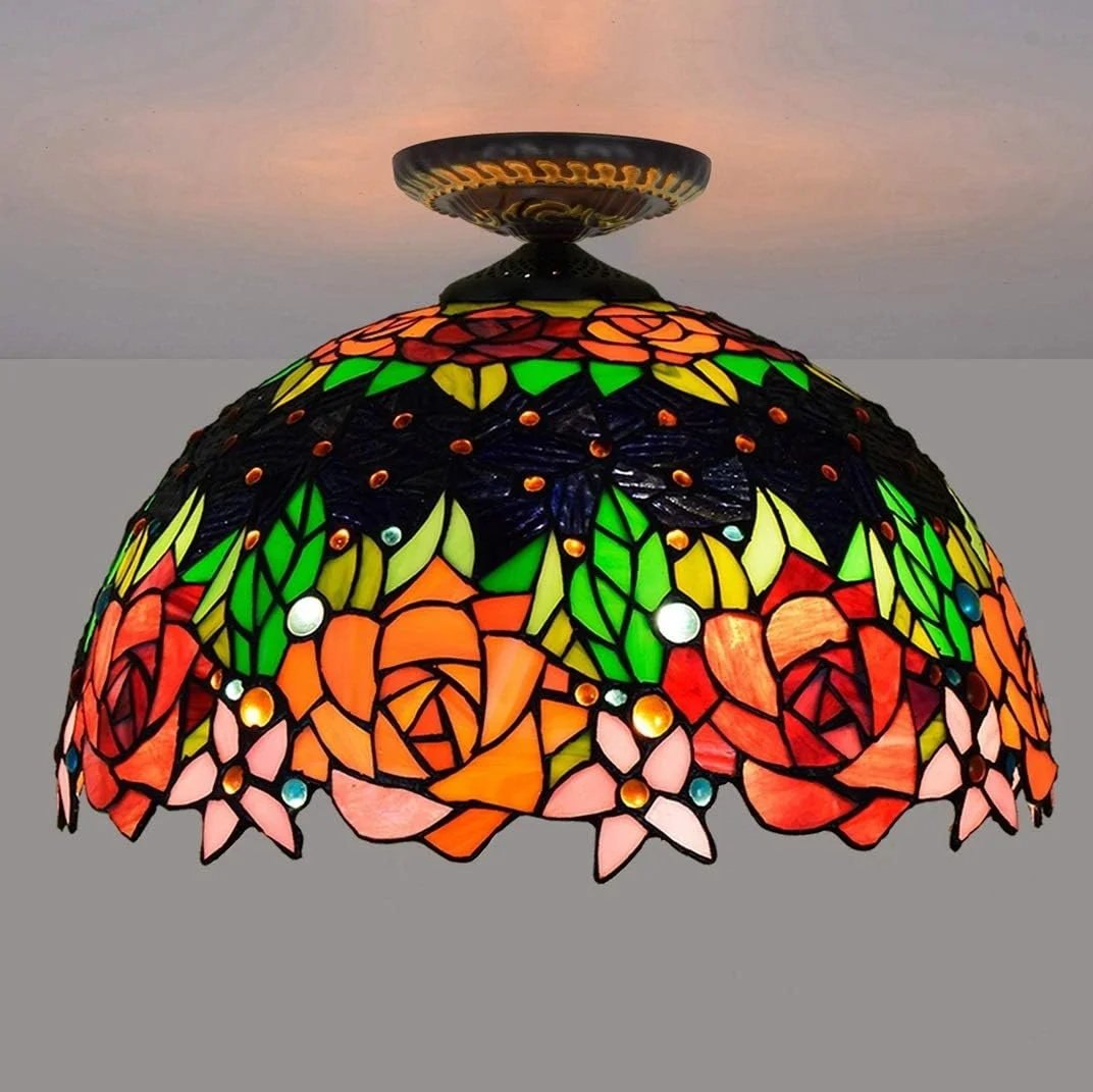 چراغ سقفی شیشه رنگی طرح گل رز مشکی 16 اینچی، چراغ های سبک تیفانی و فانوس برای راهرو اتاق خواب چراغ سقفی شیشه رنگی طرح گل رز مشکی 16 اینچی، چراغ های سبک تیفانی و فانوس برای راهرو اتاق خواب