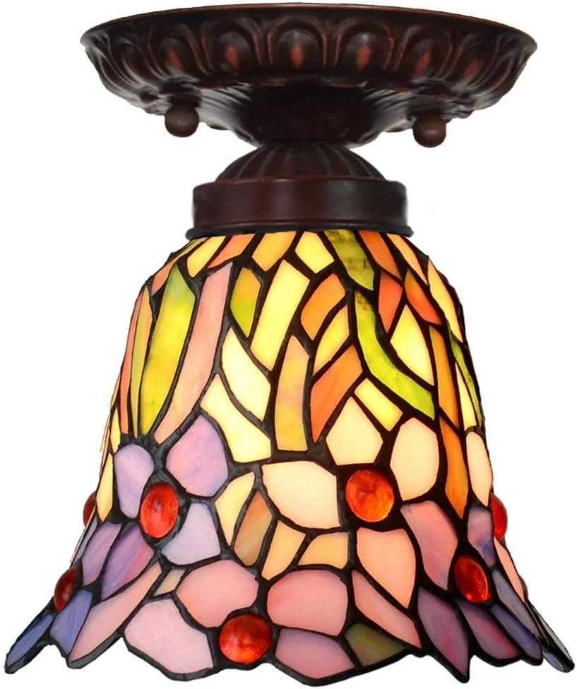 چراغ سقفی شیشه‌ای رنگی 7 اینچی طرح باغچه، آباژور ارکیده به سبک گرم، چراغ تیفانی مناسب بالکن و راهرو