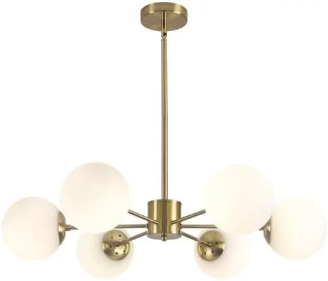 لوستر مدرن اسپوتنیک، روشنایی آویز کروی 6 شاخه، لوستر طلایی اواسط قرن با حباب های شیشه ای شیری سفید، چراغ برنجی برس خورده برای اتاق ناهارخوری، اتاق نشیمن، اتاق خواب