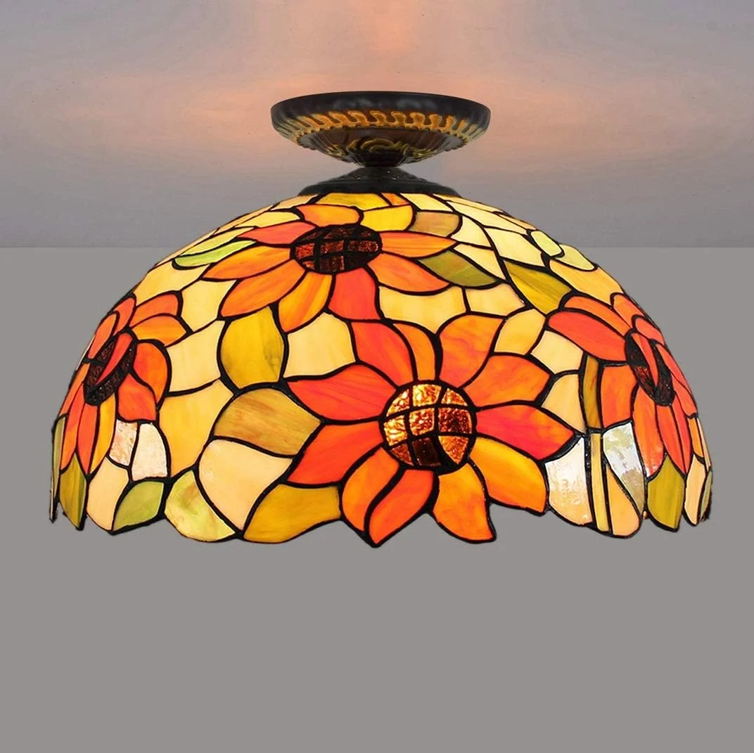 چراغ سقفی شیشه رنگی طرح گل آفتابگردان 16 اینچی، چراغ و فانوس به سبک تیفانی برای راهرو، اتاق خواب چراغ سقفی شیشه رنگی طرح گل آفتابگردان 16 اینچی، چراغ و فانوس به سبک تیفانی برای راهرو، اتاق خواب