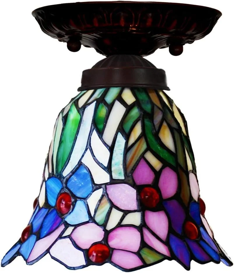چراغ سقفی شیشهای رنگی 7 اینچی طرح باغچه، آباژور ارکیده به سبک گرم، چراغ تیفانی مناسب بالکن و راهرو چراغ سقفی شیشهای رنگی 7 اینچی طرح باغچه، آباژور ارکیده به سبک گرم، چراغ تیفانی مناسب بالکن و راهرو