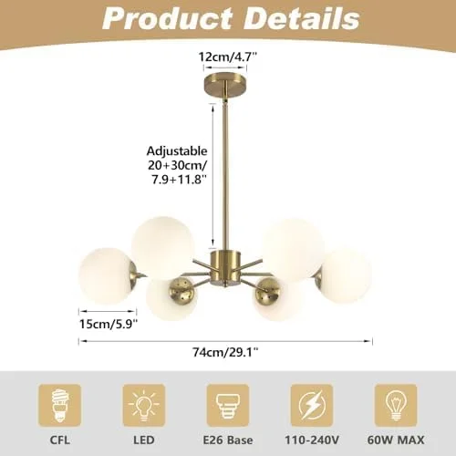 لوستر مدرن اسپوتنیک، روشنایی آویز کروی 6 شاخه، لوستر طلایی اواسط قرن با حباب های شیشه ای شیری سفید، چراغ برنجی برس خورده برای اتاق ناهارخوری، اتاق نشیمن، اتاق خواب لوستر مدرن اسپوتنیک، روشنایی آویز کروی 6 شاخه، لوستر طلایی اواسط قرن با حباب های شیشه ای شیری سفید، چراغ برنجی برس خورده برای اتاق ناهارخوری، اتاق نشیمن، اتاق خواب