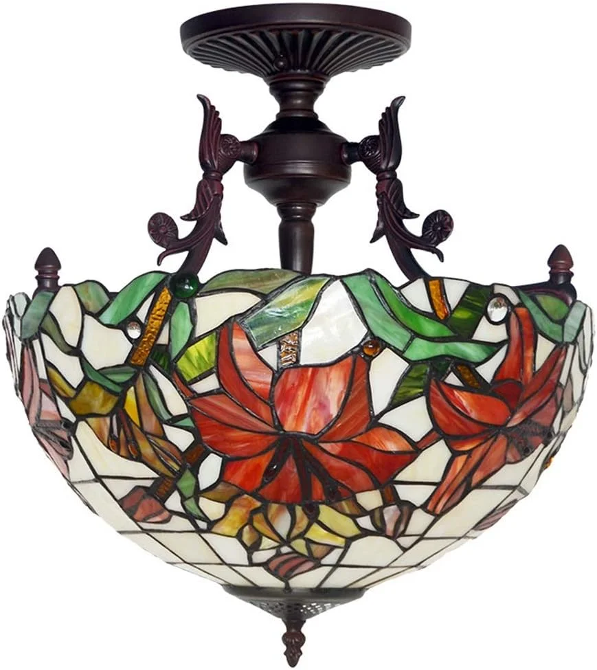 چراغ سقفی شیشه رنگی 16 اینچی طرح لیلی، چراغ خواب گرم، لوستر هنری تیفانی مناسب اتاق نشیمن چراغ سقفی شیشه رنگی 16 اینچی طرح لیلی، چراغ خواب گرم، لوستر هنری تیفانی مناسب اتاق نشیمن
