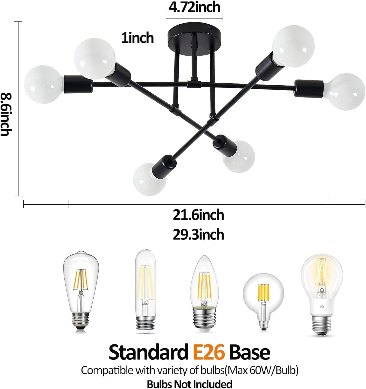 لوستر مدرن اسپوتنیک، چراغ سقفی 6 شاخه با پایه E26، مناسب برای اتاق خواب، ناهارخوری، نشیمن و آشپزخانه (مشکی) لوستر مدرن اسپوتنیک، چراغ سقفی 6 شاخه با پایه E26، مناسب برای اتاق خواب، ناهارخوری، نشیمن و آشپزخانه (مشکی)