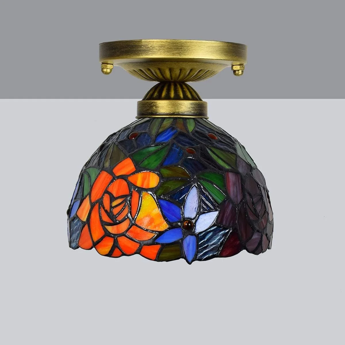 چراغ سقفی شیشه رنگی 8 اینچی تیفانی، راهرو، بالکن، فانوس گل رز قرمز، چراغ کوچک چراغ سقفی شیشه رنگی 8 اینچی تیفانی، راهرو، بالکن، فانوس گل رز قرمز، چراغ کوچک