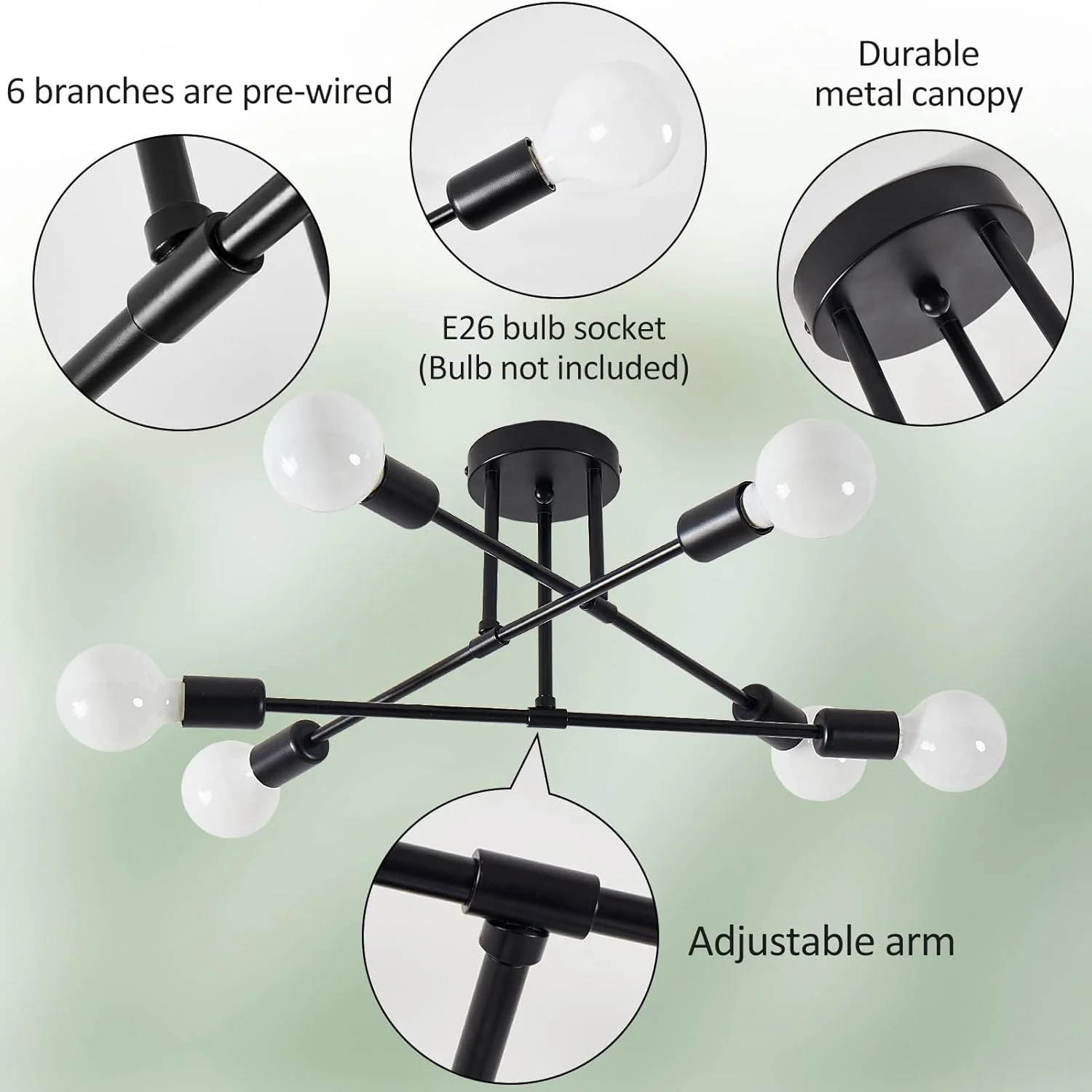 لوستر مدرن اسپوتنیک، چراغ سقفی 6 شاخه با پایه E26، مناسب برای اتاق خواب، ناهارخوری، نشیمن و آشپزخانه (مشکی) لوستر مدرن اسپوتنیک، چراغ سقفی 6 شاخه با پایه E26، مناسب برای اتاق خواب، ناهارخوری، نشیمن و آشپزخانه (مشکی)