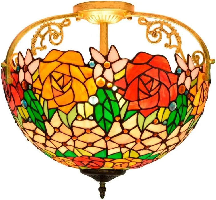 چراغ سقفی شیشه رنگی 16 اینچی نیمه روشن به سبک تیفانی طرح گل رز زرد و قرمز مناسب اتاق نشیمن، راهرو و اتاق خواب چراغ سقفی شیشه رنگی 16 اینچی نیمه روشن به سبک تیفانی طرح گل رز زرد و قرمز مناسب اتاق نشیمن، راهرو و اتاق خواب