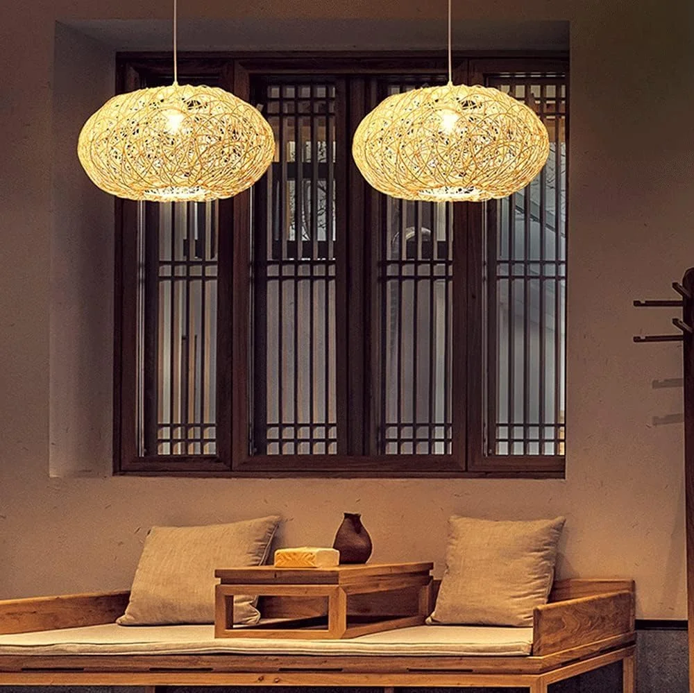 لوستر به سبک آسیای جنوب شرقی با سایه بان حصیری توخالی، آویز بافته شده از جنس حصیر، لوستر آویز حصیری دست ساز به سبک روستایی