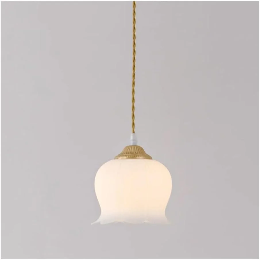 لوستر تمام مسی ساده و لوکس با سرپیچ E26 - چراغ آویز شیشه ای طرح گل به سبک کرم فرانسوی مناسب میز ناهارخوری، لوستر