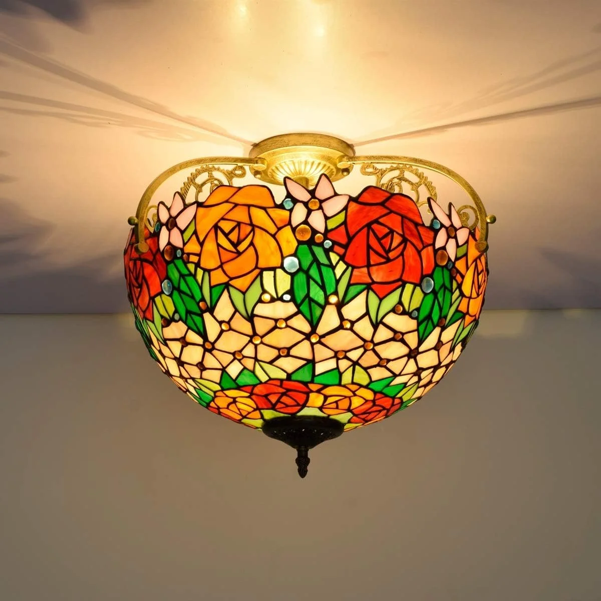 چراغ سقفی شیشه رنگی 16 اینچی نیمه روشن به سبک تیفانی طرح گل رز زرد و قرمز مناسب اتاق نشیمن، راهرو و اتاق خواب