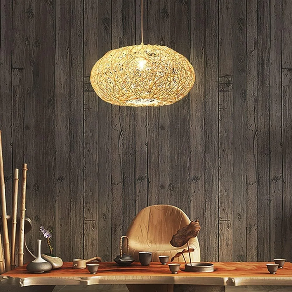 لوستر به سبک آسیای جنوب شرقی با سایه بان حصیری توخالی، آویز بافته شده از جنس حصیر، لوستر آویز حصیری دست ساز به سبک روستایی