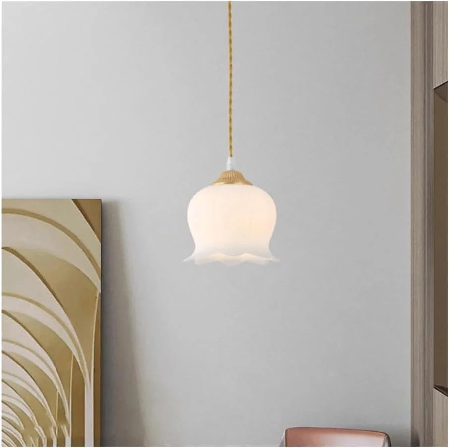 لوستر تمام مسی ساده و لوکس با سرپیچ E26 - چراغ آویز شیشه ای طرح گل به سبک کرم فرانسوی مناسب میز ناهارخوری، لوستر لوستر تمام مسی ساده و لوکس با سرپیچ E26 - چراغ آویز شیشه ای طرح گل به سبک کرم فرانسوی مناسب میز ناهارخوری، لوستر