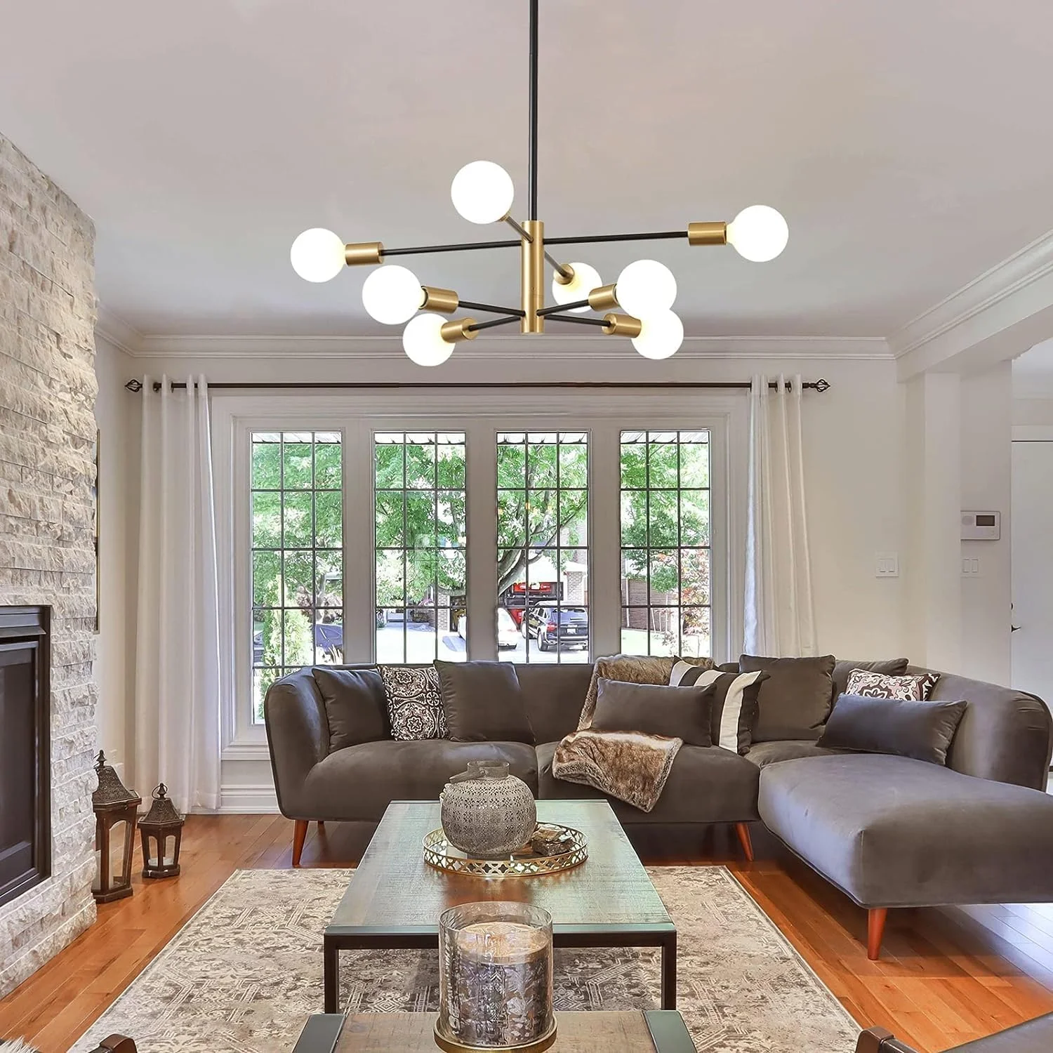 لوستر مدرن Skade، لوستر سقفی طلایی مشکی Sputnik اواسط قرن، پایه E26، چراغ آویز قابل تنظیم ارتفاع شاخه ای برای جزیره آشپزخانه، اتاق غذاخوری، اتاق نشیمن، اتاق خواب (8 شعله)