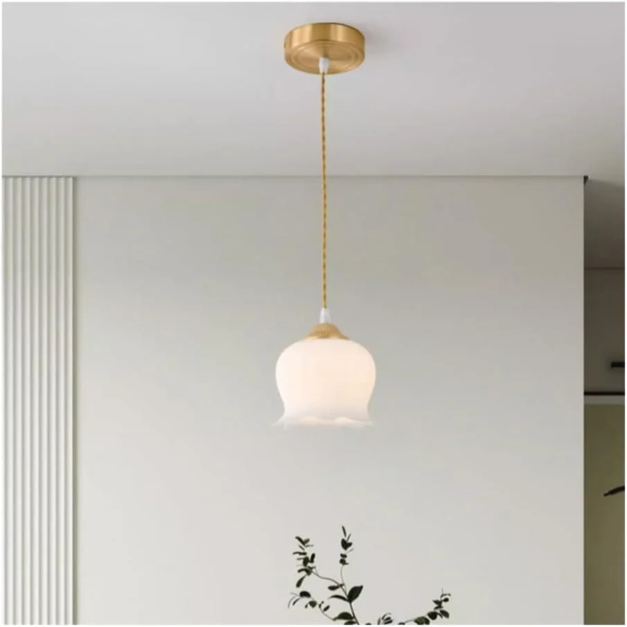 لوستر تمام مسی ساده و لوکس با سرپیچ E26 - چراغ آویز شیشه ای طرح گل به سبک کرم فرانسوی مناسب میز ناهارخوری، لوستر لوستر تمام مسی ساده و لوکس با سرپیچ E26 - چراغ آویز شیشه ای طرح گل به سبک کرم فرانسوی مناسب میز ناهارخوری، لوستر