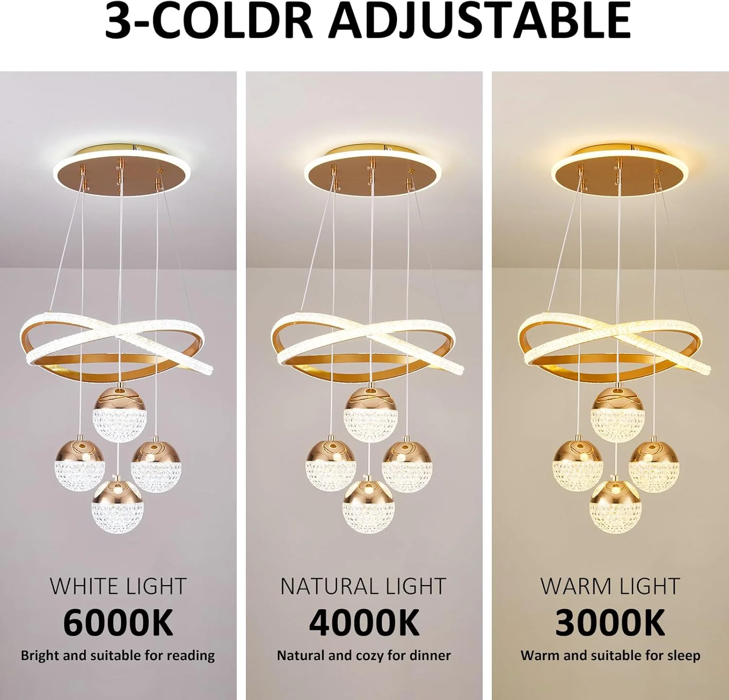 لوسترهای ال ای دی طلایی مدرن SpavzeMe، چراغ آویز سه رنگ دیمر پذیر برای جزیره آشپزخانه، اتاق ناهارخوری، اتاق نشیمن، چراغ سقفی آویز معاصر، ارتفاع قابل تنظیم، ایده آل برای دکوراسیون منزل مدرن.