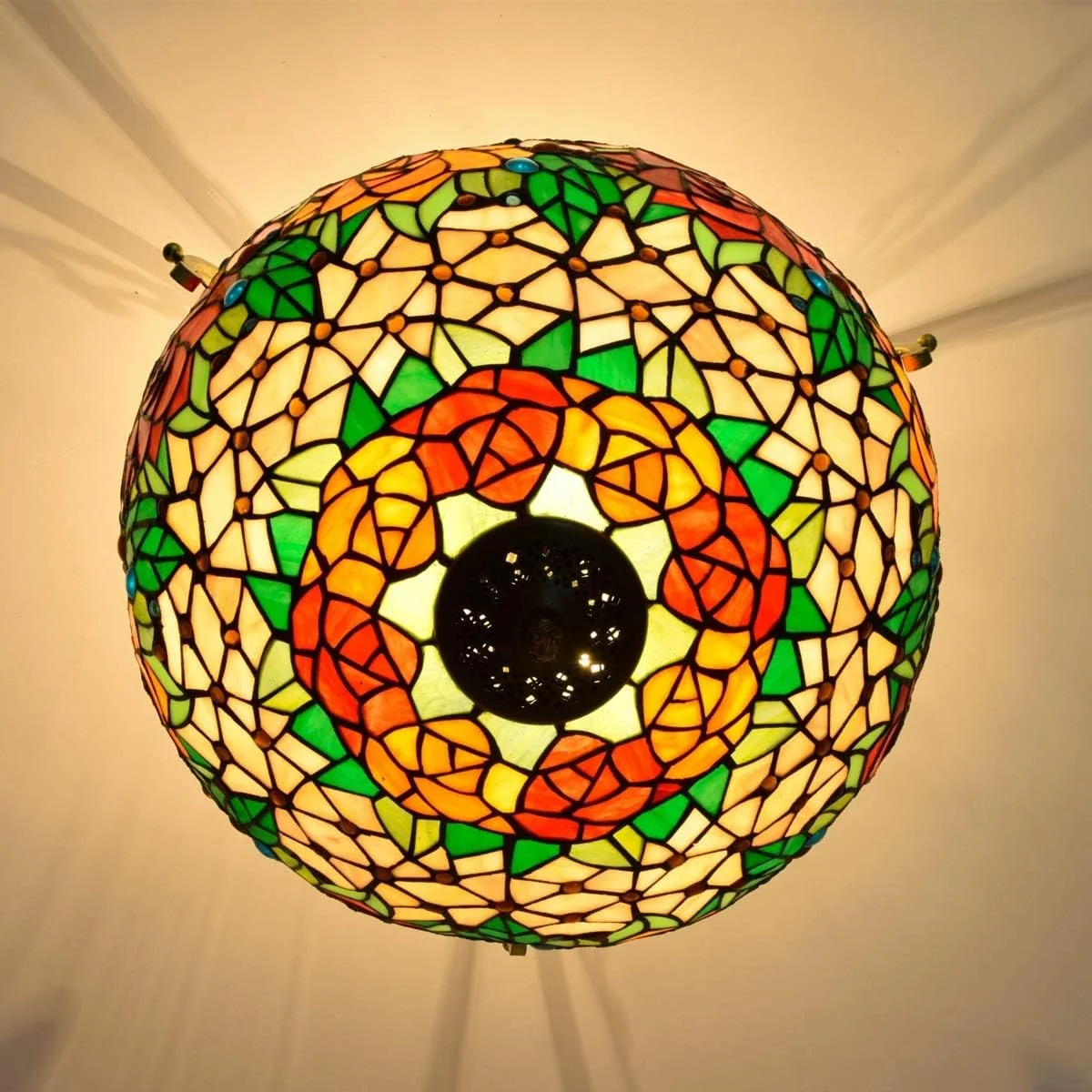 چراغ سقفی شیشه رنگی 16 اینچی نیمه روشن به سبک تیفانی طرح گل رز زرد و قرمز مناسب اتاق نشیمن، راهرو و اتاق خواب