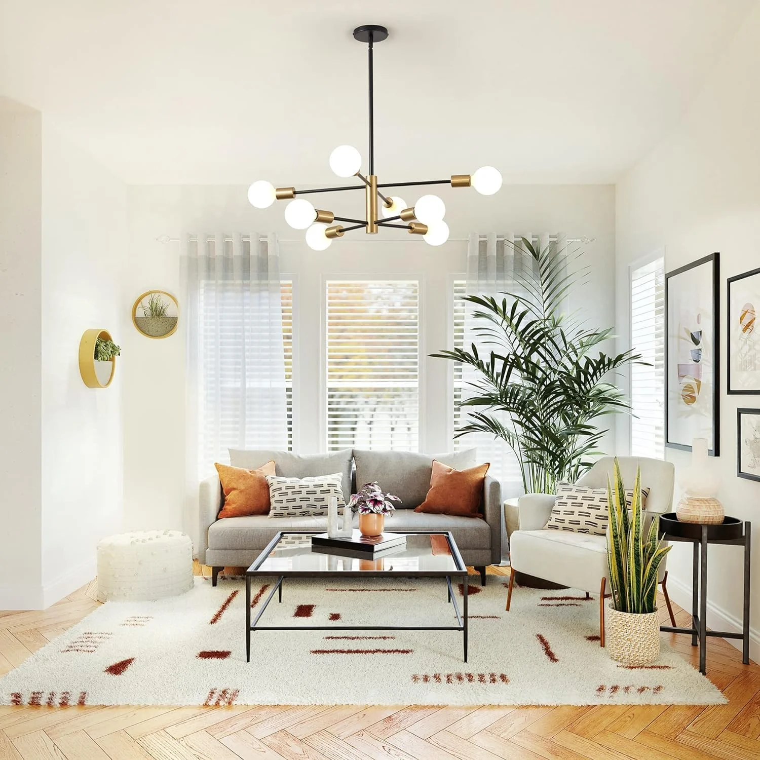 لوستر مدرن Skade، لوستر سقفی طلایی مشکی Sputnik اواسط قرن، پایه E26، چراغ آویز قابل تنظیم ارتفاع شاخه ای برای جزیره آشپزخانه، اتاق غذاخوری، اتاق نشیمن، اتاق خواب (8 شعله)