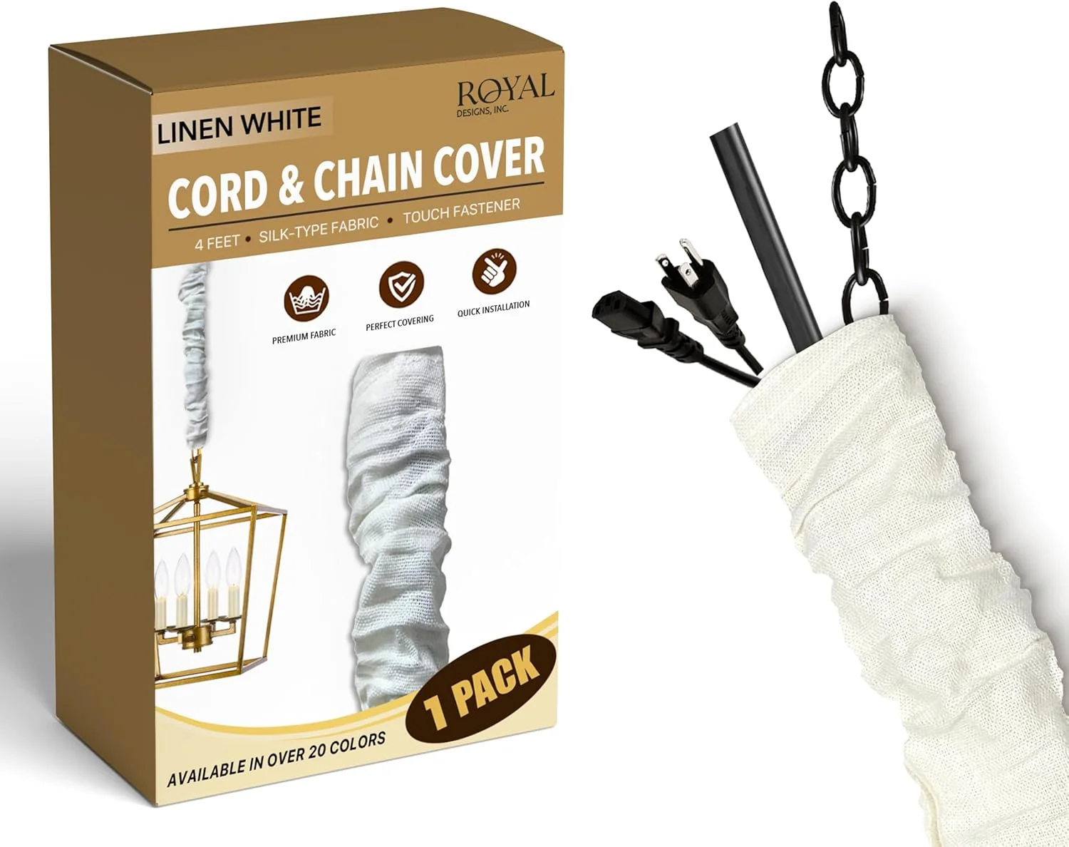 روکش سیم و زنجیر رویال دیزاینز مدل CC-16-LW سفید 120 سانتی متری پارچه کتانی با بست چسبی، سفید کتانی روکش سیم و زنجیر رویال دیزاینز مدل CC-16-LW سفید 120 سانتی متری پارچه کتانی با بست چسبی، سفید کتانی